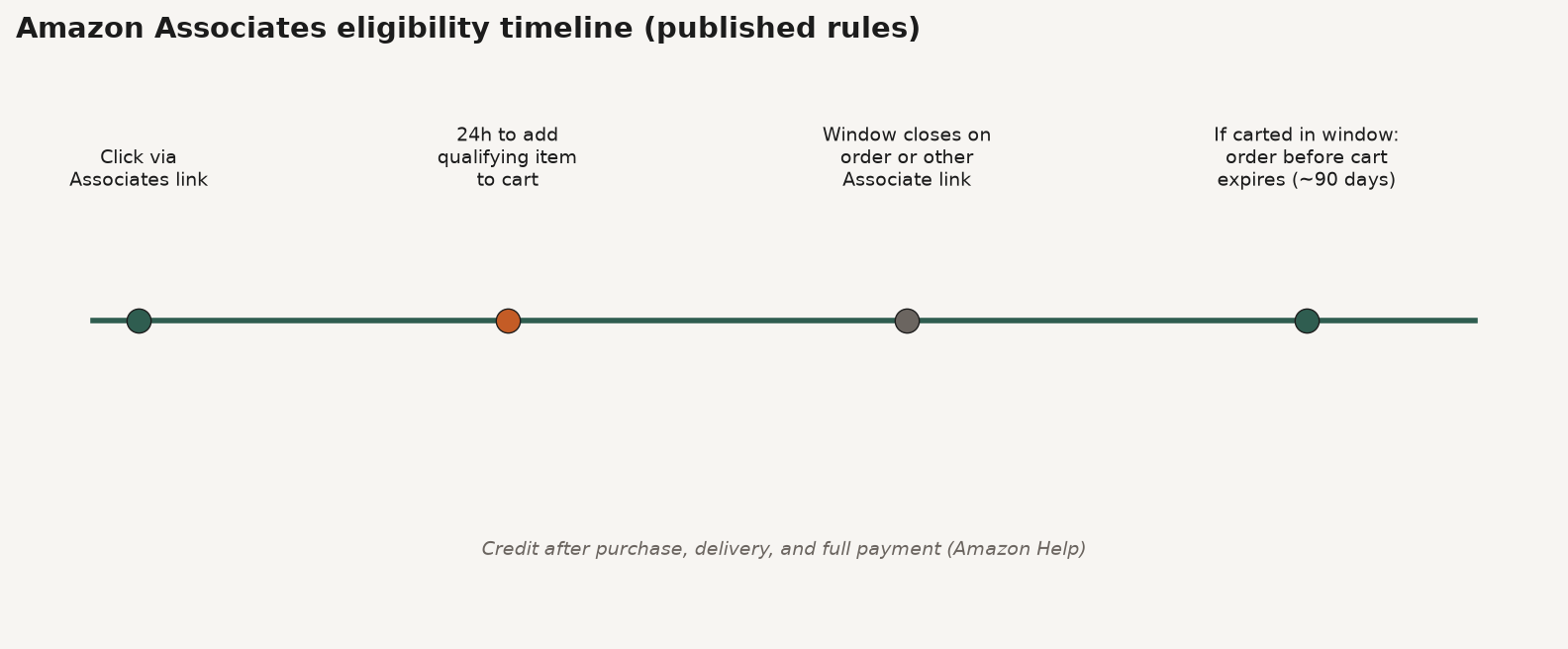 Timeline diagram of Amazon Associates 24-hour cart-add window and usual 90-day cart expiry override