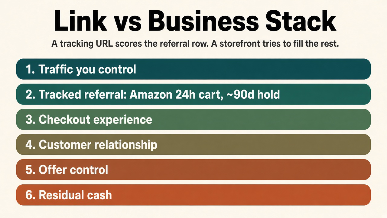 Framework diagram of the Link vs Business Stack with six assets: traffic, tracked referral, checkout, customer, offer control, residual cash.