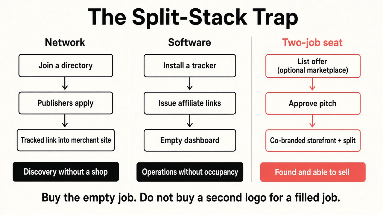 Framework diagram of the Split-Stack Trap: merchants buy a network for discovery and separate software for operations, versus a two-job seat that holds both.
