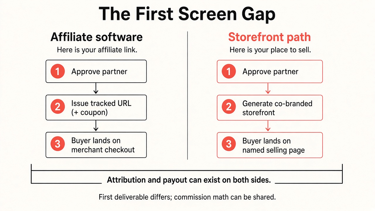 Framework diagram of the First Screen Gap: traditional affiliate software hands a tracked link into the merchant checkout, while a storefront path hands a co-branded place to sell.