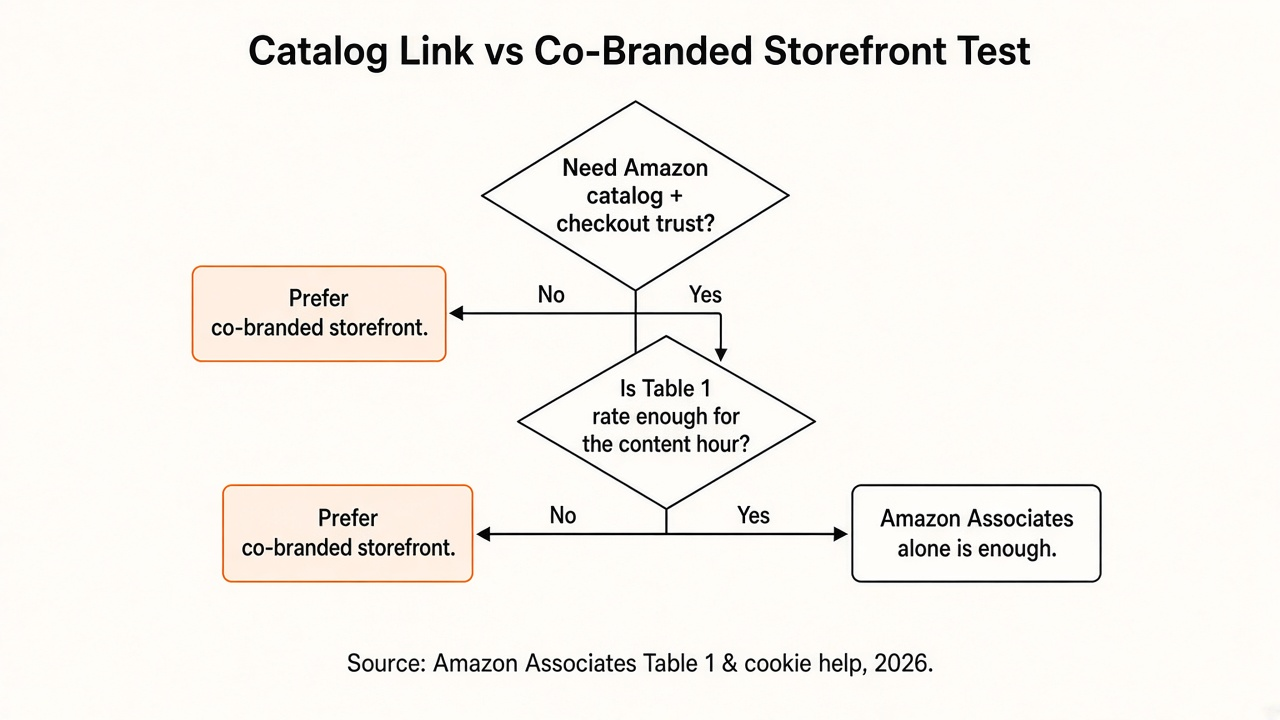 Flowchart of the Catalog Link vs Co-Branded Storefront Test: catalog and checkout trust needed, Table 1 rate enough for the content hour, and need for a co-branded listed-product page