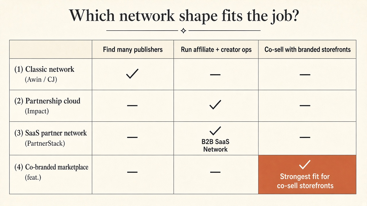 Decision matrix matching affiliate jobs to network shapes with example seats