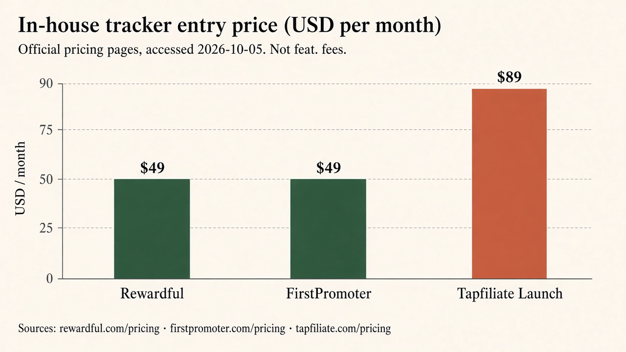 Bar chart of entry monthly prices for Rewardful ($49), FirstPromoter ($49), and Tapfiliate Launch ($89)