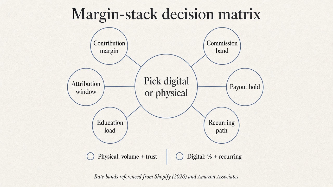 Framework diagram of the six-axis margin-stack decision matrix for digital vs physical affiliate offers