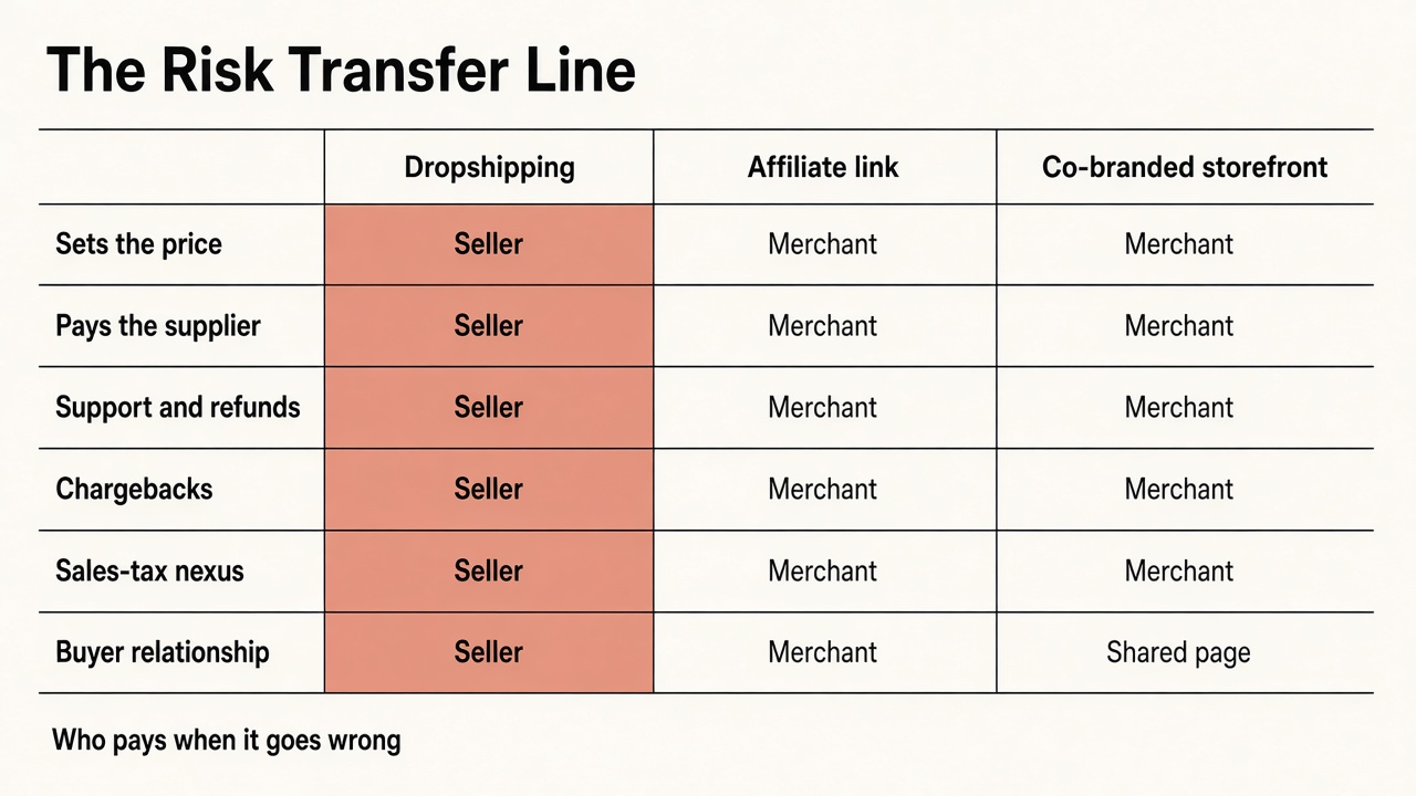 Decision matrix of who holds each risk under dropshipping, an affiliate link, and a co-branded storefront