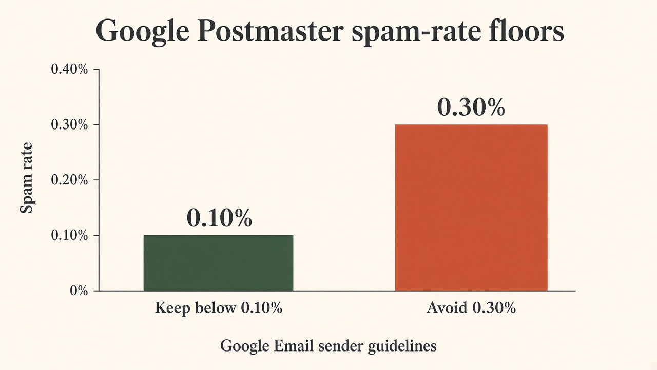 Bar chart of Google Postmaster spam-rate floors: keep below 0.10 percent and avoid 0.30 percent