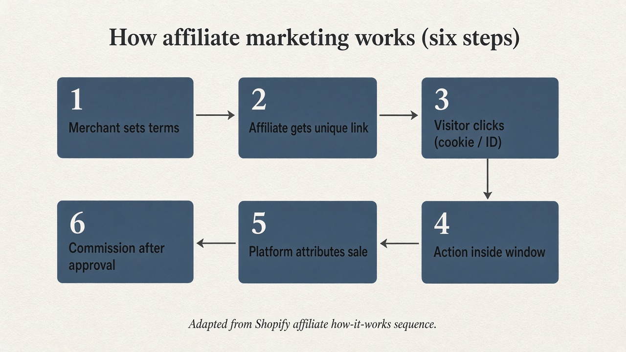 Flowchart of the six-step affiliate marketing loop from terms to payout