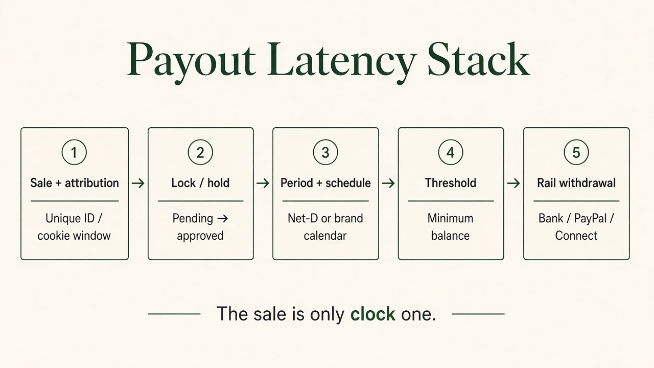 Framework diagram of the five-clock Payout Latency Stack: sale attribution, lock or hold, period close plus schedule, minimum threshold, then rail withdrawal