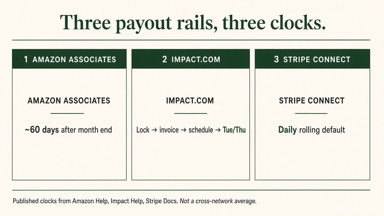 Grouped comparison of three payout rails: Amazon ~60 days after month end, Impact lock-invoice-schedule then Tue/Thu autopay, Stripe Connect daily rolling default
