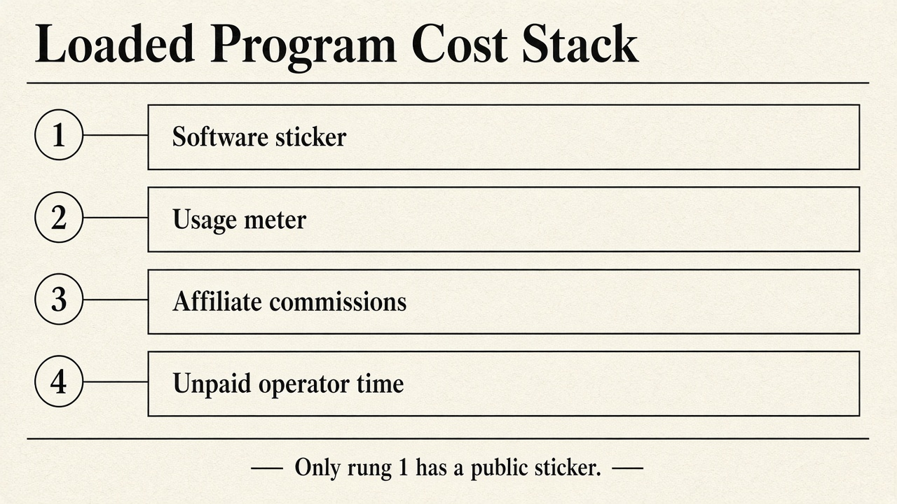 Framework diagram of the Loaded Program Cost Stack: software sticker, usage meter, affiliate commissions, unpaid operator time