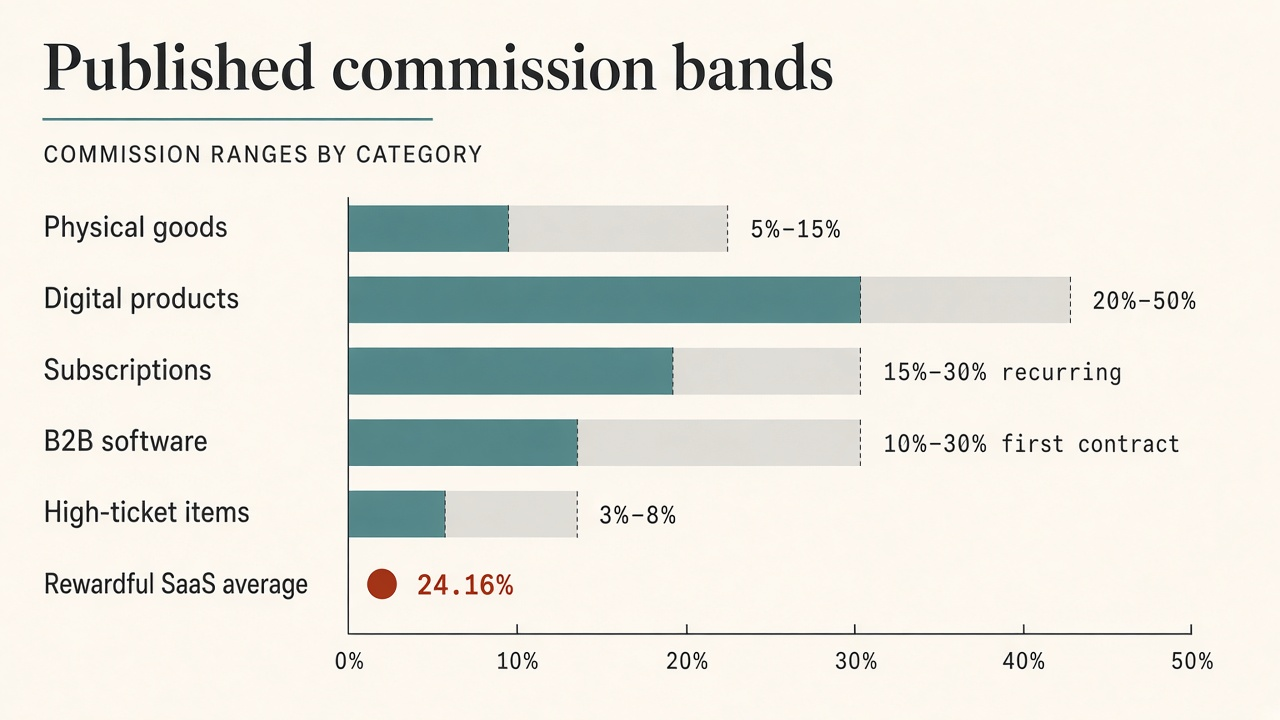 Comparison chart of Shopify commission bands for physical, digital, subscription, B2B, and high-ticket products next to Rewardful’s 24.16% SaaS average
