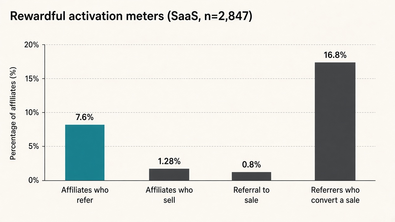 Bar chart of Rewardful activation meters: 7.6% refer, 1.28% sell, 0.8% referral-to-sale, 16.8% of referrers convert a sale