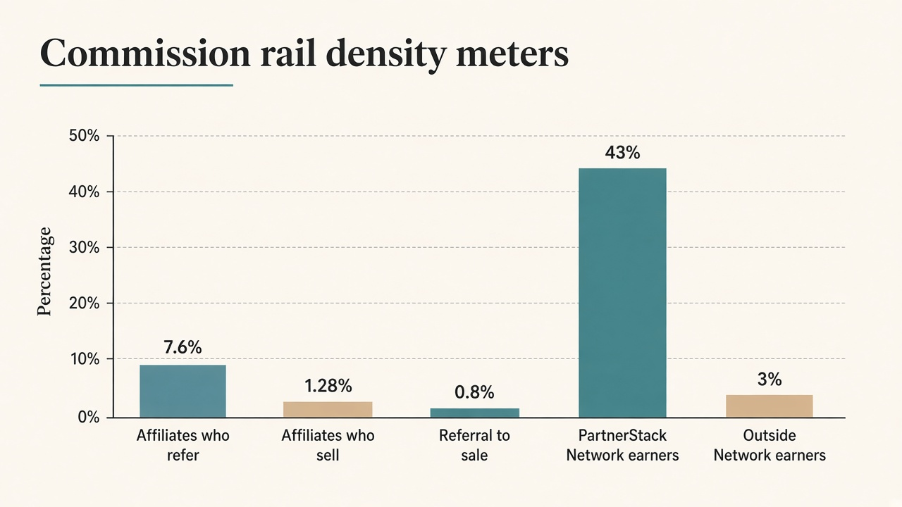 Bar chart of Rewardful activation meters 7.6% refer, 1.28% sell, 0.8% referral-to-sale next to PartnerStack 43% vs 3% quality gap