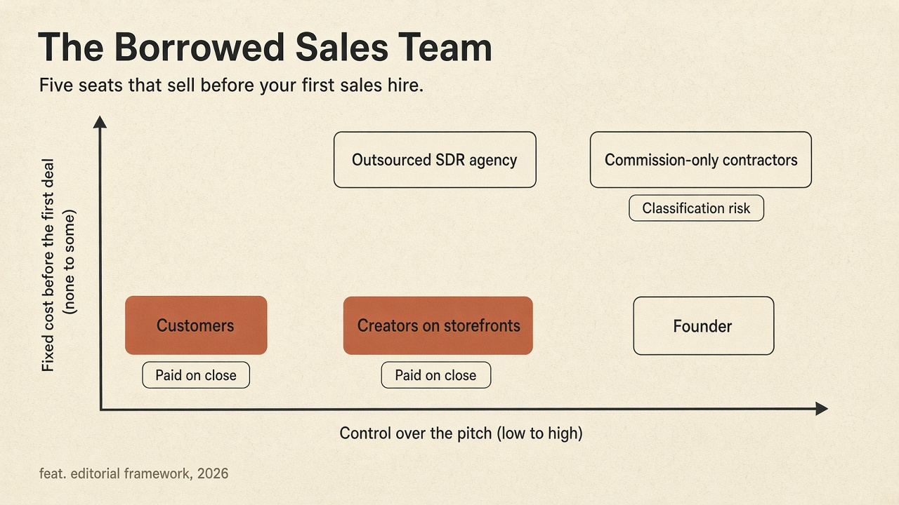 Framework diagram of the Borrowed Sales Team: five seats (founder, customers, creators on storefronts, commission-only contractors, outsourced SDR agency) arranged by fixed cost before the first deal and how much control you have over the pitch