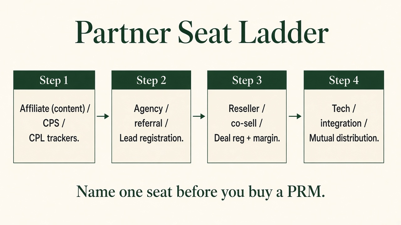 Framework diagram of the Partner Seat Ladder with four seats: affiliate content, agency or referral, reseller or co-sell, and tech integration