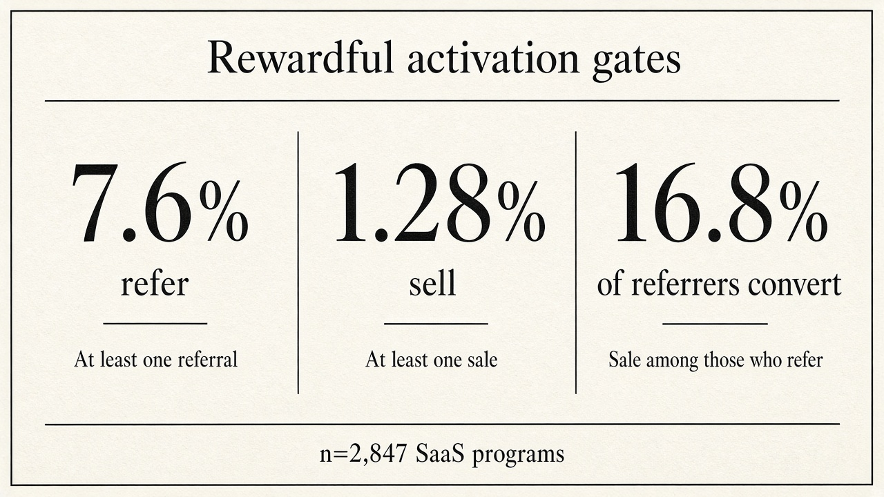Comparison of Rewardful activation gates: 7.6% refer, 1.28% sell, 16.8% of referrers convert a sale