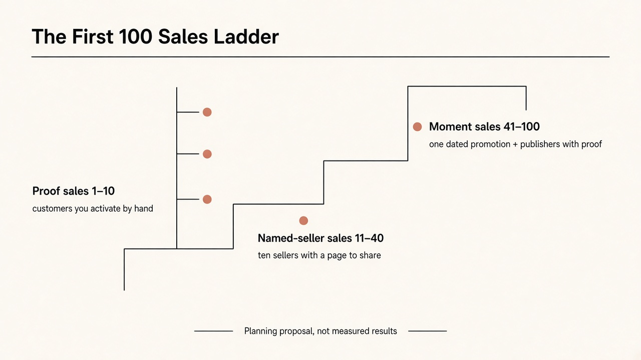 Framework diagram of the First 100 Sales Ladder: proof sales 1 to 10, named-seller sales 11 to 40, moment sales 41 to 100