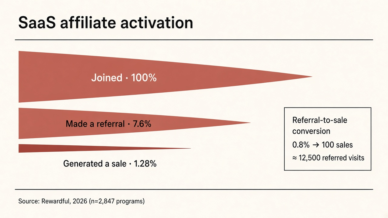 Funnel of SaaS affiliate activation: 100% joined, 7.6% make a referral, 1.28% generate a sale