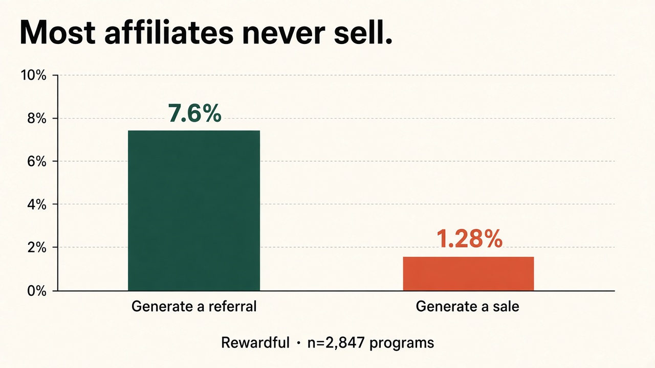 Grouped bar chart of Rewardful affiliate activation: 7.6% generate a referral and 1.28% generate a sale