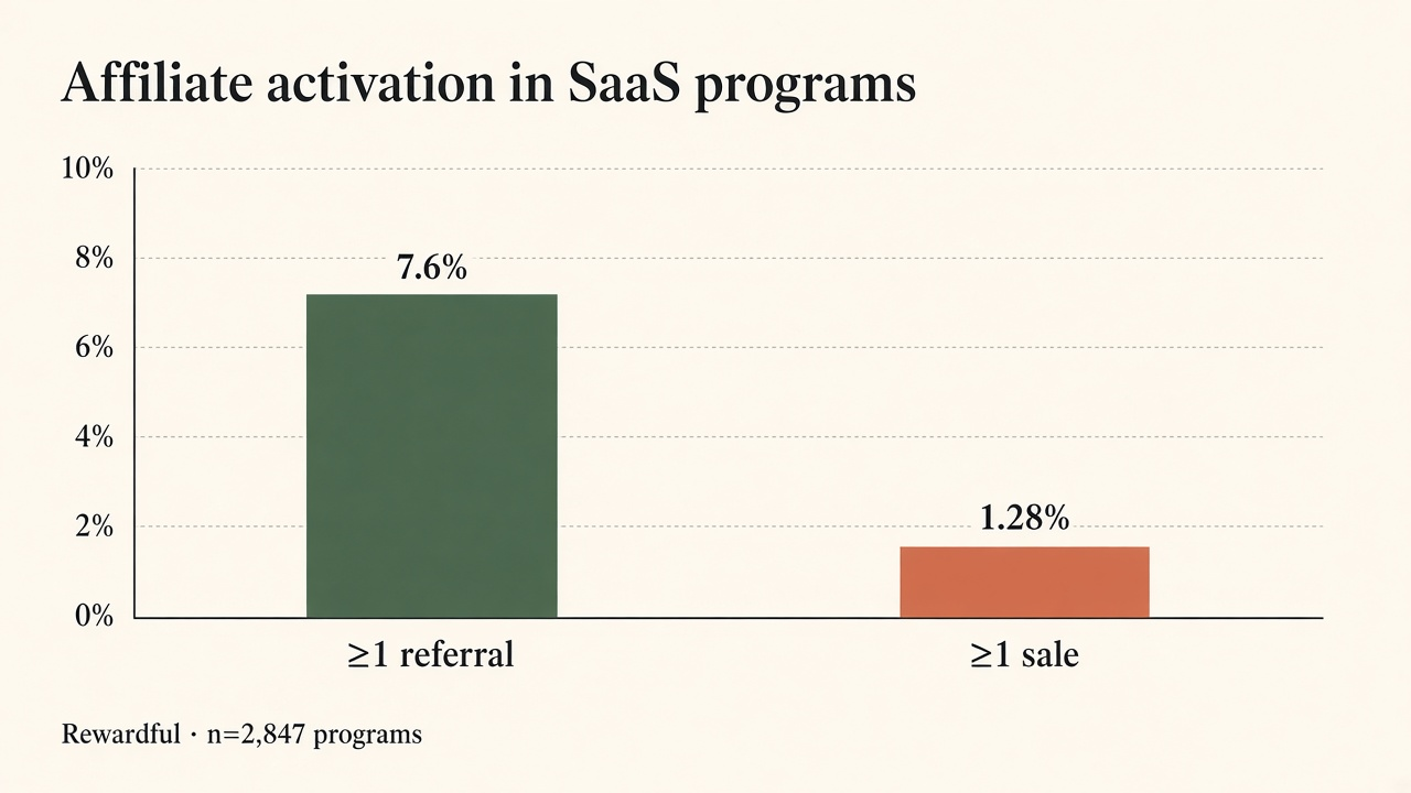 Bar chart of Rewardful affiliate activation: 7.6% generate a referral and 1.28% generate a sale