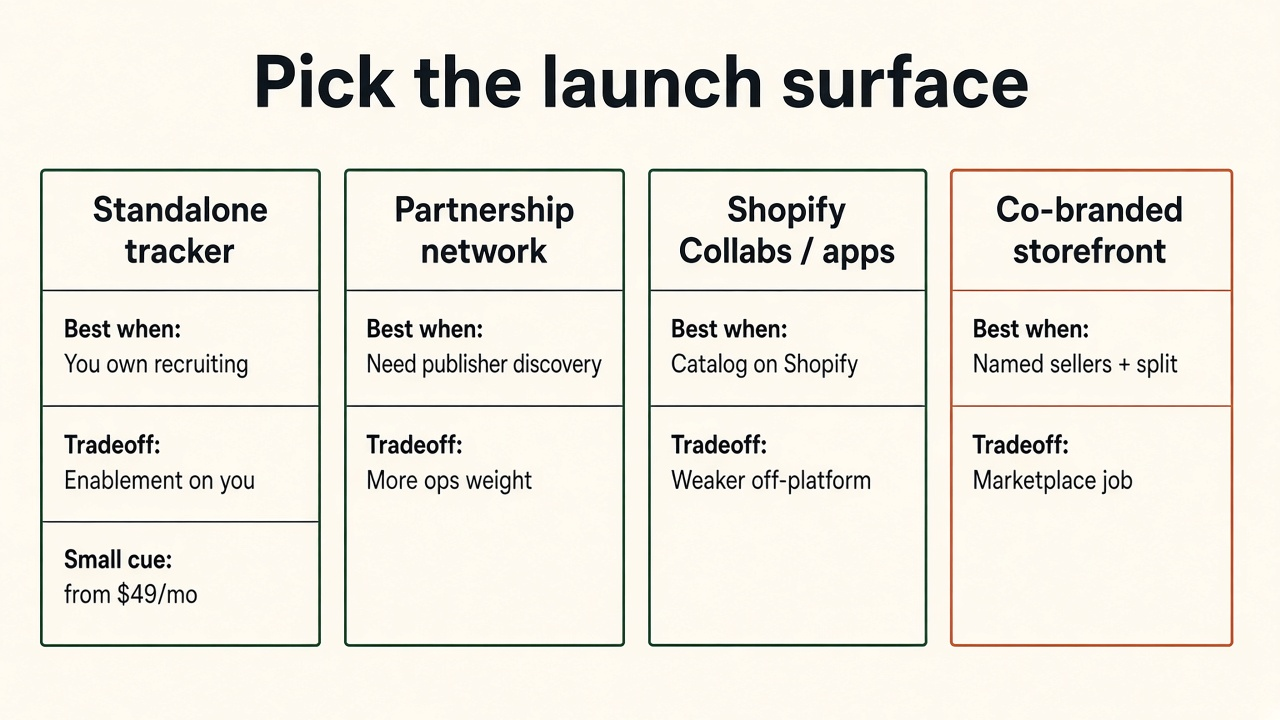 Decision matrix comparing affiliate program launch surfaces: standalone tracker, network, Shopify Collabs, and co-branded storefront
