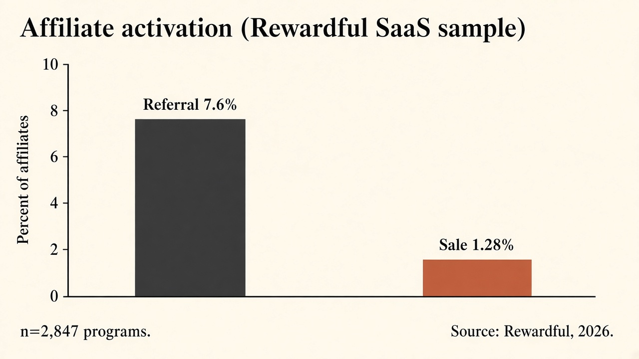 Bar chart of Rewardful SaaS affiliate activation: 7.6% generate a referral versus 1.28% generate a sale