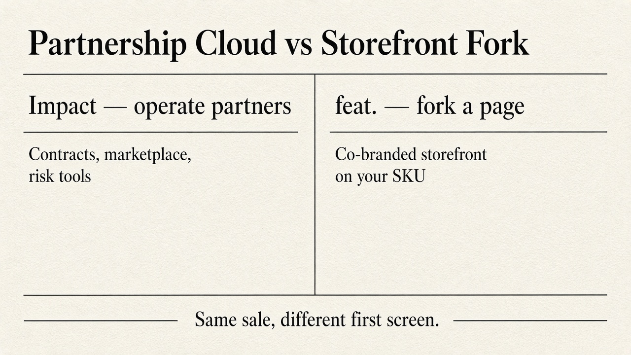 Framework diagram of Partnership Cloud vs Storefront Fork: Impact operates partners; feat. forks a co-branded page