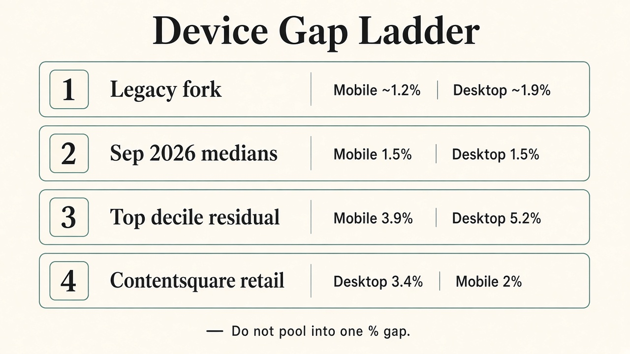 Framework diagram of the Device Gap Ladder: legacy 1.2/1.9 fork, Sep 2026 1.5/1.5 medians, top-decile residual, Contentsquare 3.4/2
