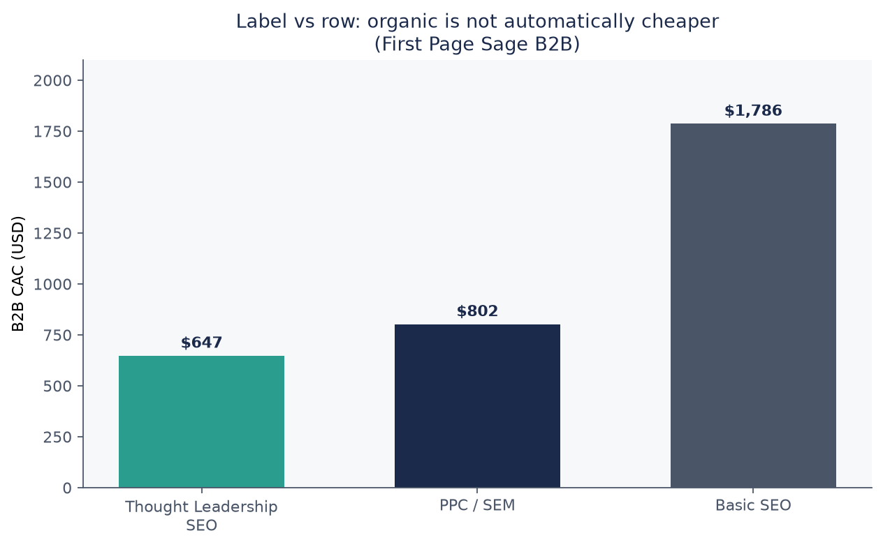 Bar chart comparing B2B CAC for Thought Leadership SEO $647, PPC/SEM $802, and Basic SEO $1786
