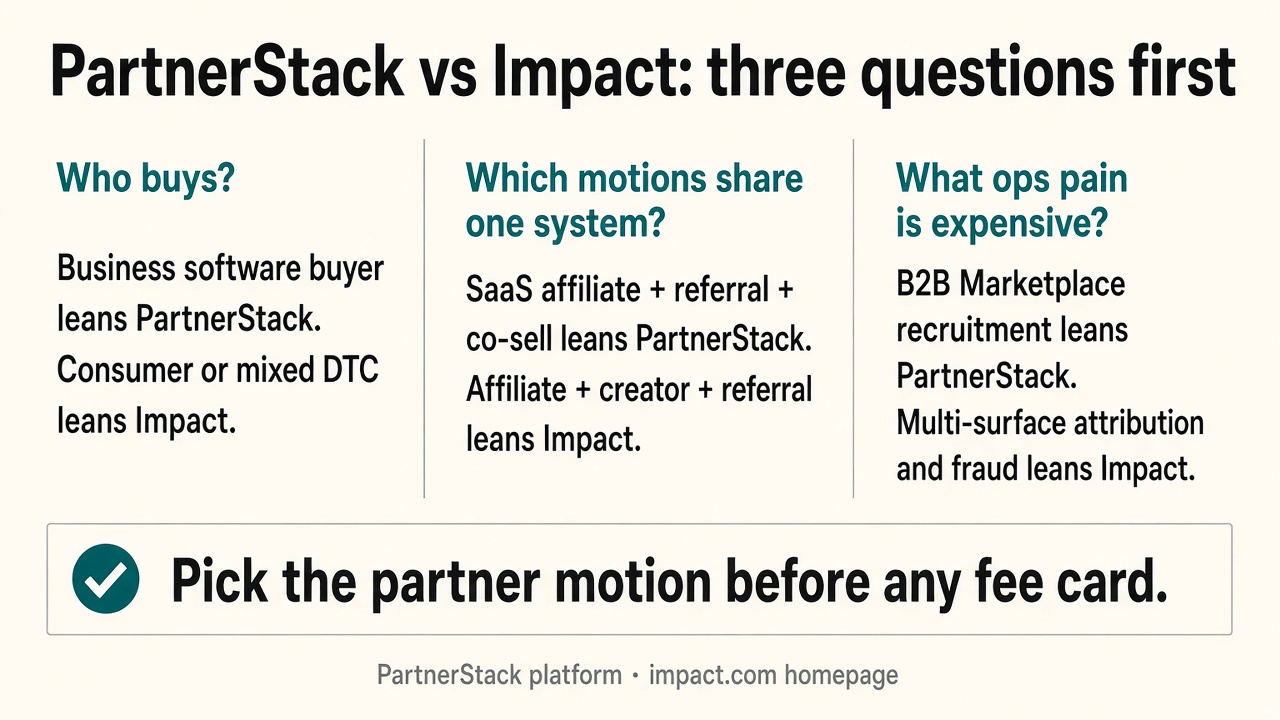 Framework diagram of PartnerStack vs Impact job-fit fork: buyer type, partner motion, and ops need