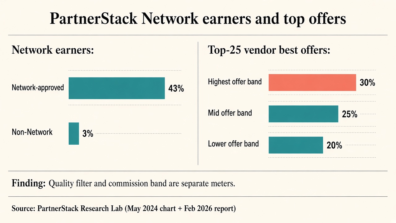 Bar chart comparing PartnerStack Network-approved partners earning commissions at 43% versus 3% for non-Network partners, with top-vendor offers at 20%, 25%, and 30%