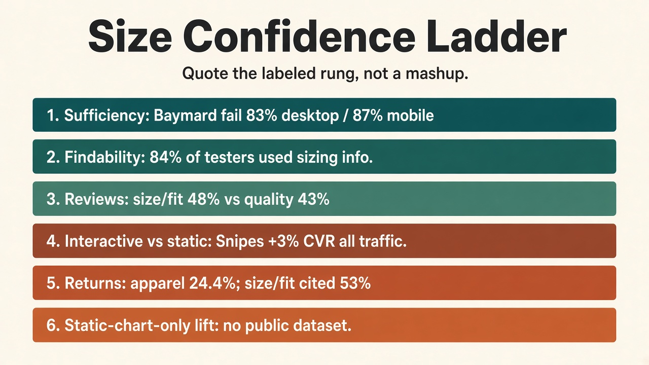 Framework diagram of the Size Confidence Ladder from sufficiency to returns