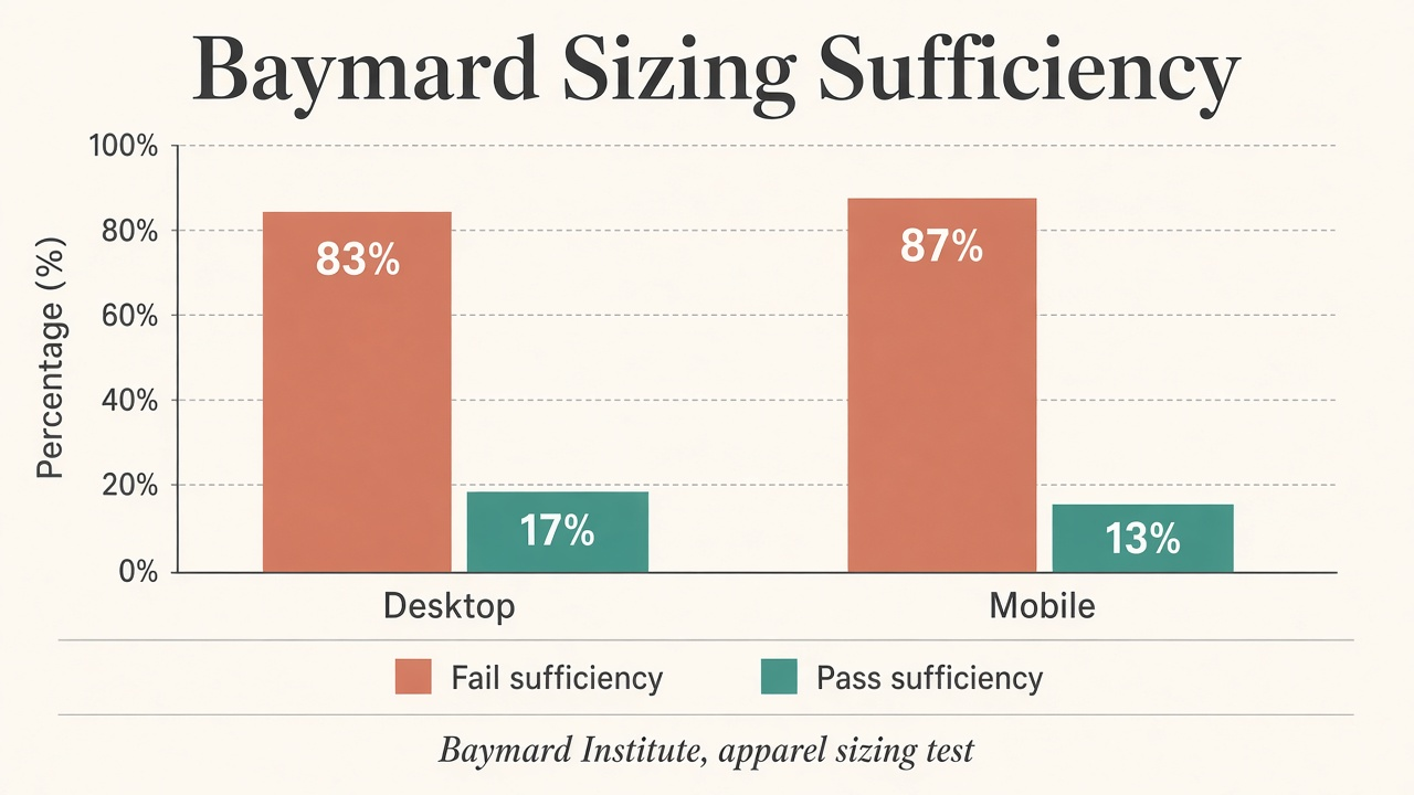 Bar chart of Baymard apparel sites failing vs passing sizing sufficiency on desktop and mobile