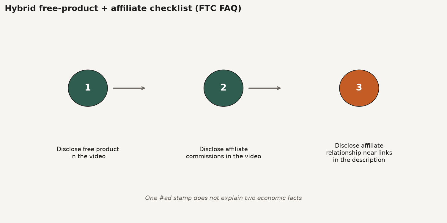 Checklist framework for hybrid free-product plus affiliate-link disclosures on video
